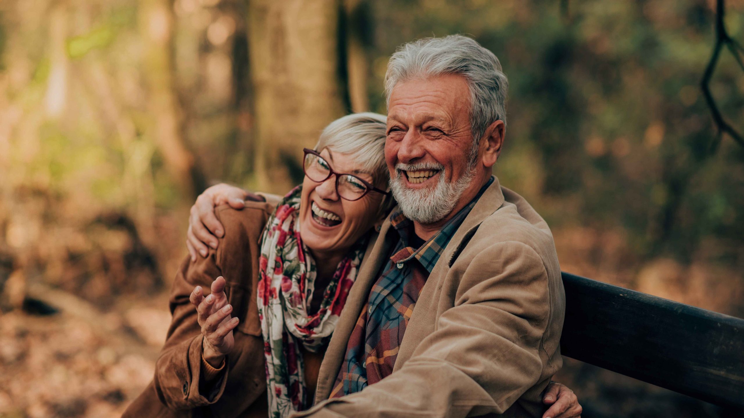 Old couple people holding each other on a bench in an autumnal forrest.